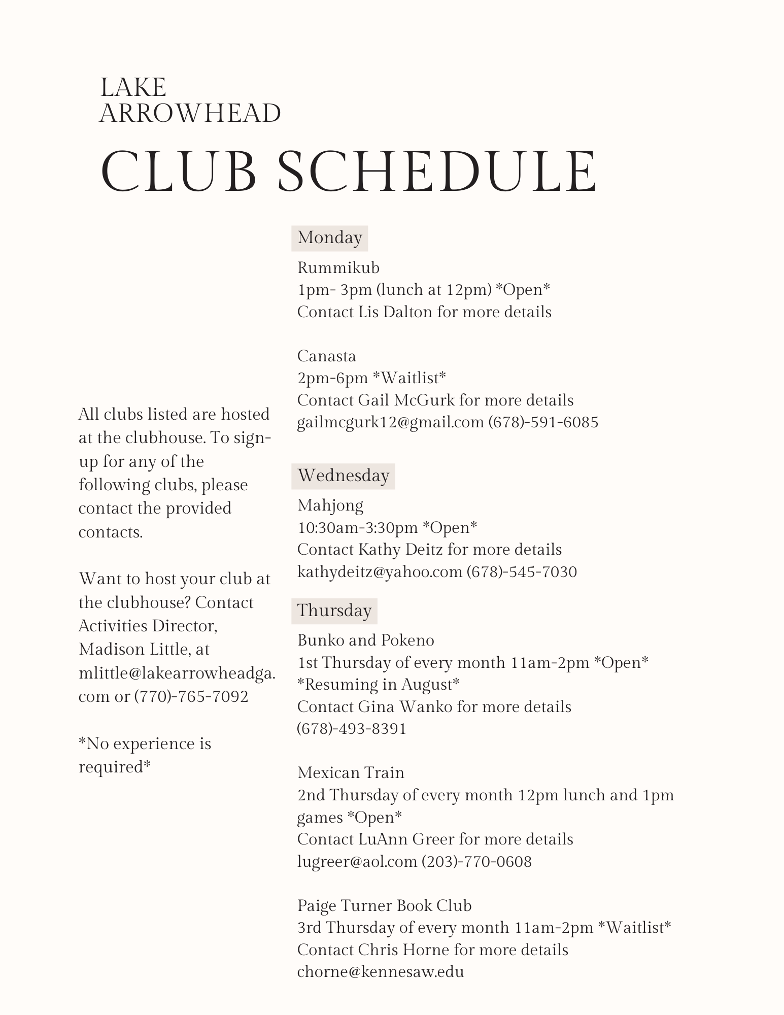 Club Schedule Updated